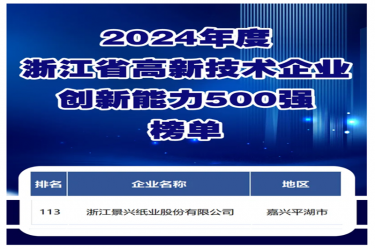 喜報！景興紙業入選浙江省高新技術企業創新能力500強榜單
